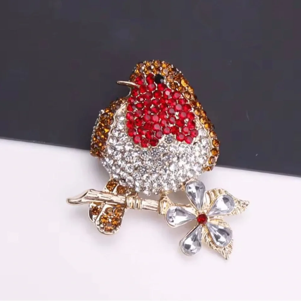 Crystal Robin Brooch in Red, Gold and Silver